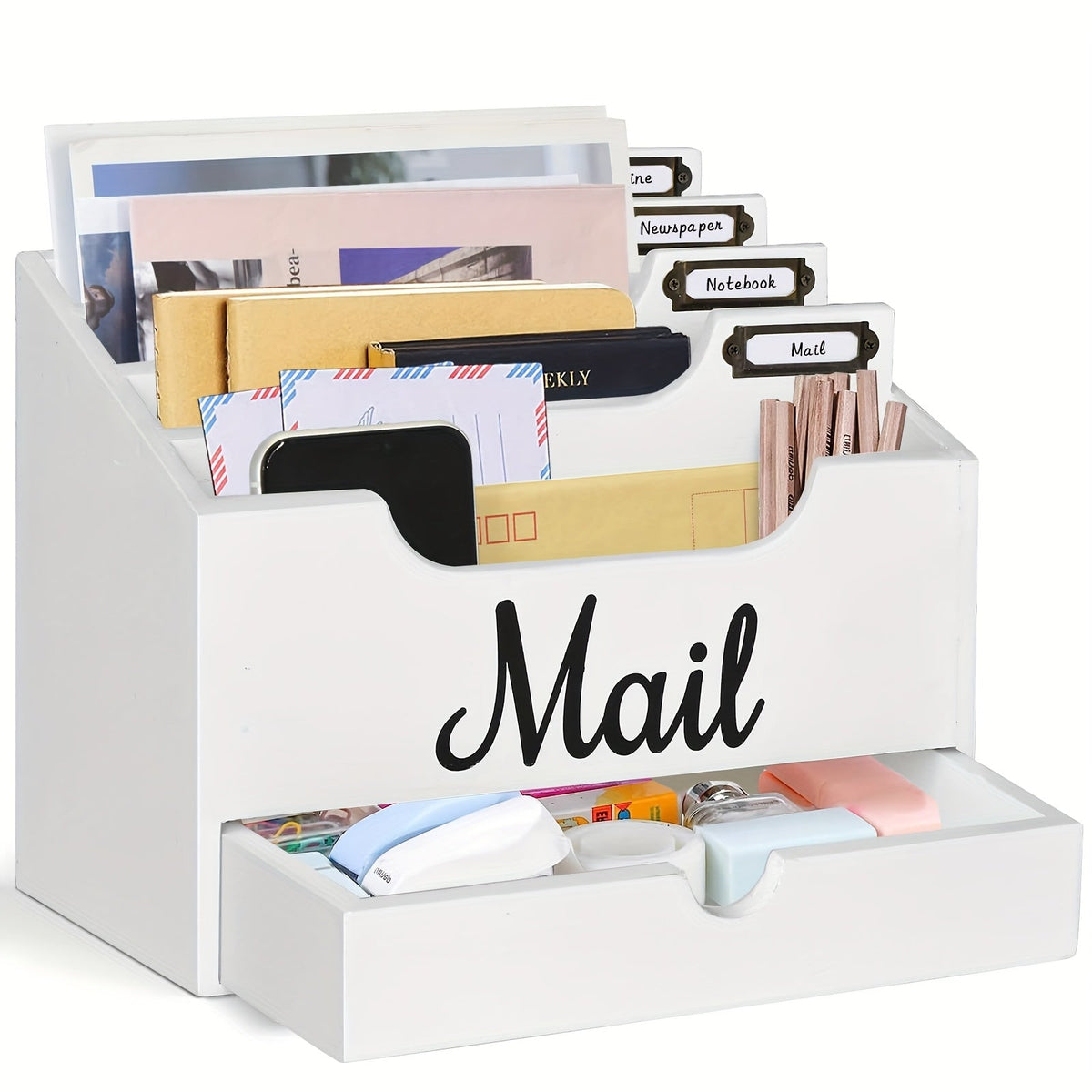 Grand organisateur de courrier de bureau en bois massif avec tiroir, 4 compartiments et séparateurs étiquetables pour dossiers, lettres et papier, organisateur de bureau pour bureau à domicile, étudiants et professionnels