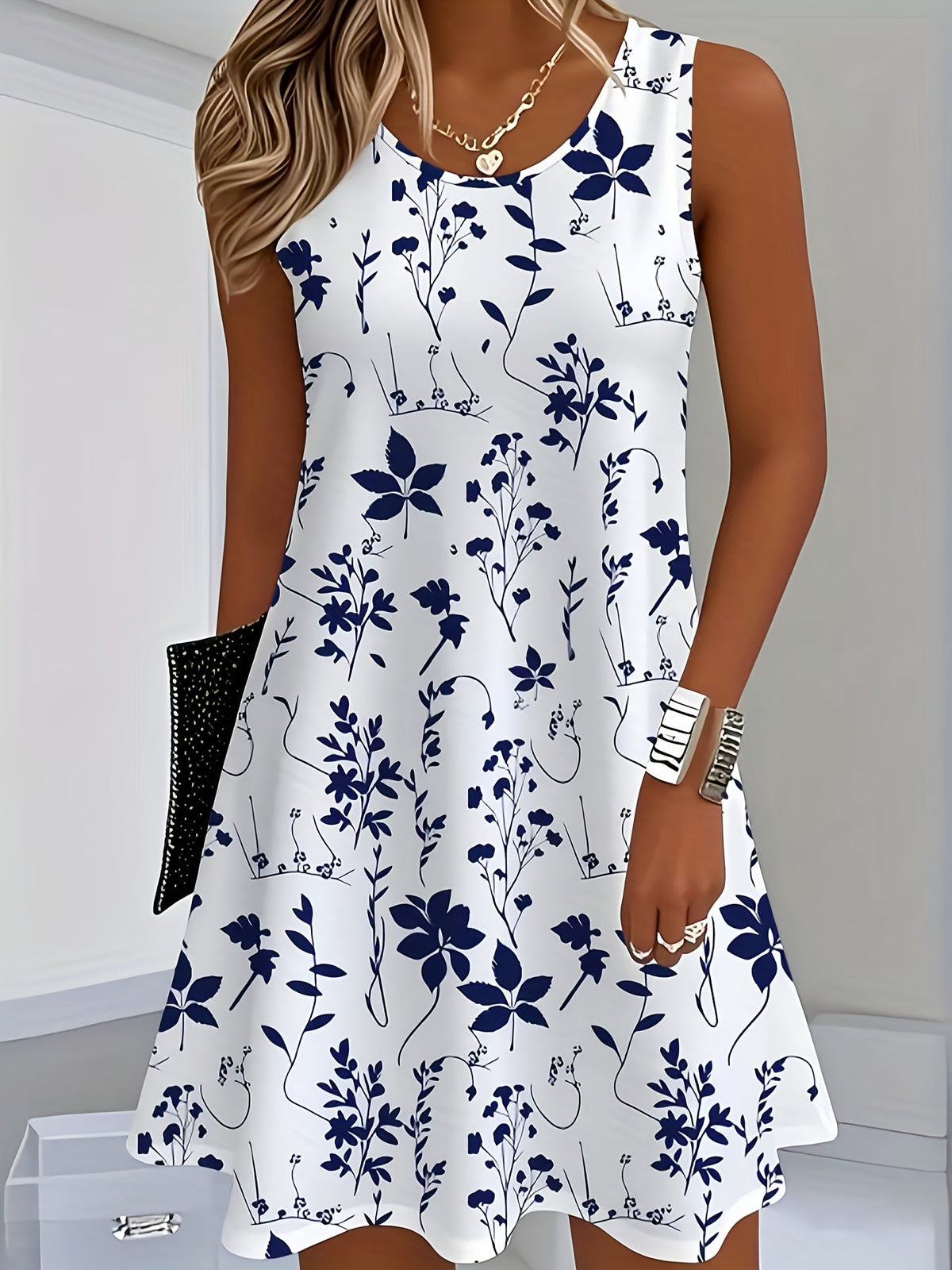 Robe midi d'été pour femme, mode imprimée, sans manches, col rond, ourlet évasé, robe décontractée pour les vacances, style européen et américain S M L XL XXL