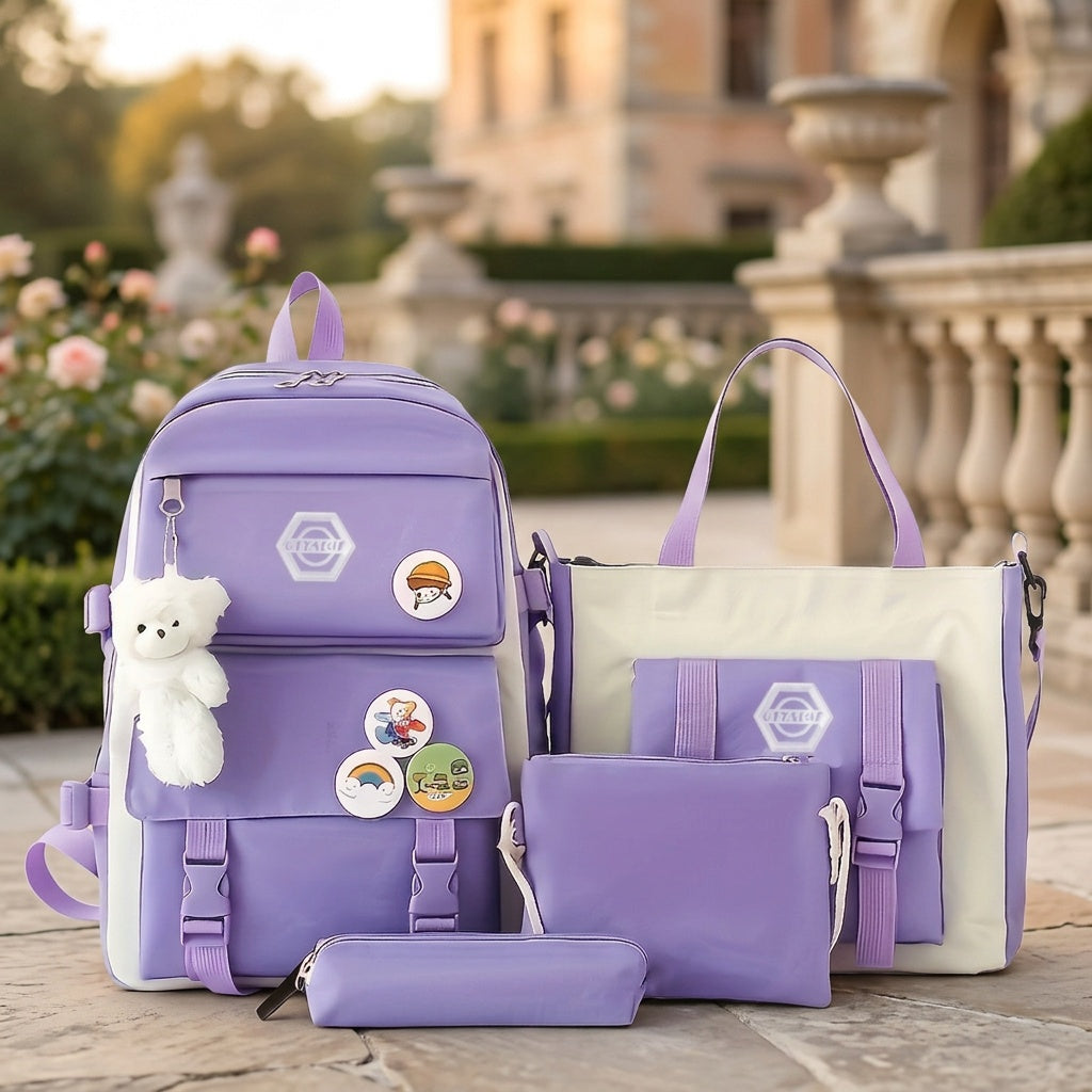 Ensemble de sac à dos scolaire pour fille 5 pièces, sac léger et mignon avec fourre-tout, trousse et porte-monnaie - Sac à dos étudiant durable pour l'école, la randonnée et un usage quotidien