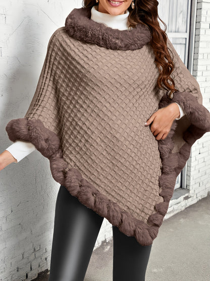 Poncho châle en tricot gaufré pour femme avec bordure en fausse fourrure - Pull élégant sans manches à col montant, cape enveloppante chaude de couleur unie pour l'automne et l'hiver, 8 couleurs taille unique