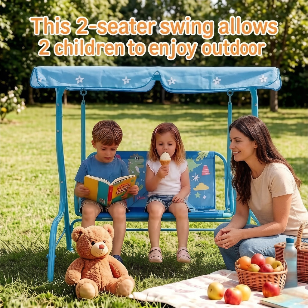 Balançoire de jardin pour enfants, 2 places, avec auvent réglable, ceintures de sécurité et structure en métal pour patio, cour, jardin ou balcon, 3 ans et plus, capacité de 82 kg