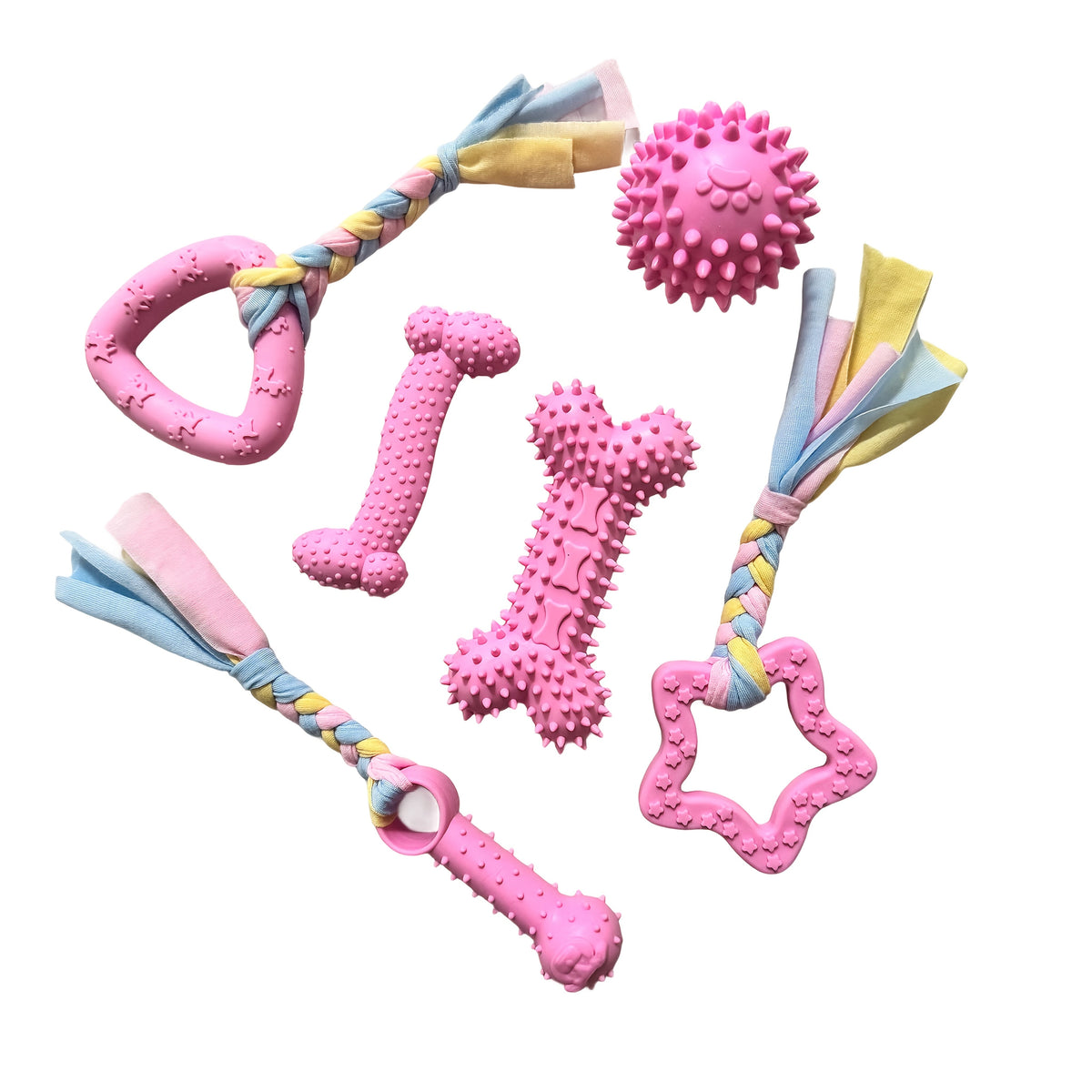 Lot de 6 jouets à mâcher durables en caoutchouc pour chiens – Jouets interactifs pour la dentition, nettoyage des dents, mâcheurs agressifs, petites, moyennes et grandes races – Ensemble de jouets dentaires pour animaux de compagnie à thème coloré
