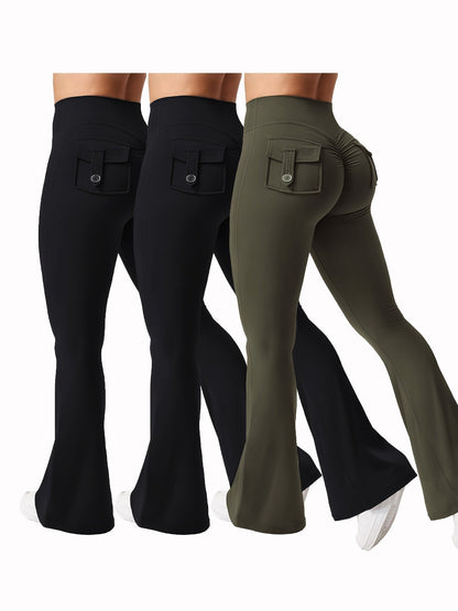 Ensemble 3 pièces pour femme : pantalon de yoga évasé à taille haute avec ceinture et poches, legging galbant effet push-up, squat-proof, 90 % polyester extensible, coupe évasée pour le sport, la gym, la course et le quotidien