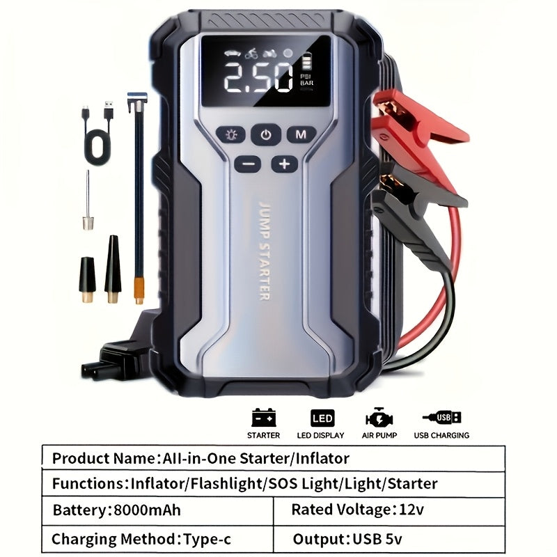 Démarreur de voiture portable 7-en-1 10000mAh – Batterie de secours multifonction avec lampe d'urgence LED pour moteurs essence (10 L) et diesel (9 L), kit d'outils d'urgence pour voiture