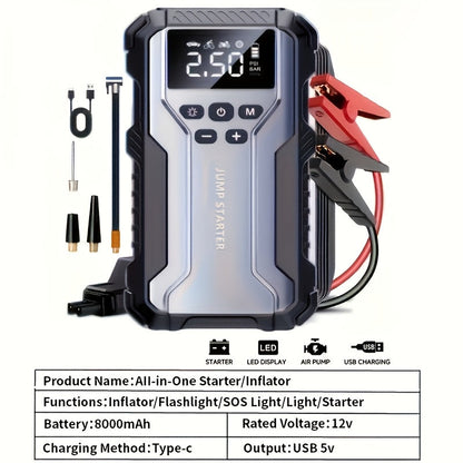 Démarreur de voiture portable 7-en-1 10000mAh – Batterie de secours multifonction avec lampe d'urgence LED pour moteurs essence (10 L) et diesel (9 L), kit d'outils d'urgence pour voiture