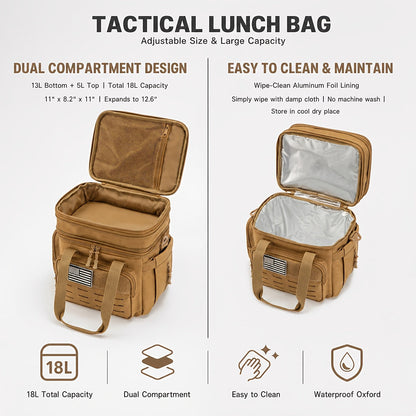 Sac à déjeuner tactique pour hommes 18 L – Glacière isolante extensible et résistante avec système MOLLE, sac isotherme étanche pour le travail, le camping, les activités en plein air et les pique-niques, disponible en kaki, noir et vert