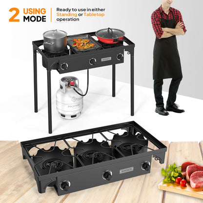 Réchaud à propane haute pression 100 000 - 225 000 BTU - Réchaud de camping extérieur robuste en fonte avec pieds détachables, régulateur certifié CSA, 1 ou 3 brûleurs pour le camping, les fêtes d'avant-match et le brassage