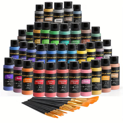 Set de peinture acrylique 36 couleurs de 60 ml chacune avec 12 pinceaux – Fournitures de peinture à pigments riches pour toile, céramique et tissu, artistes débutants et professionnels, rentrée scolaire et cadeau de fêtes