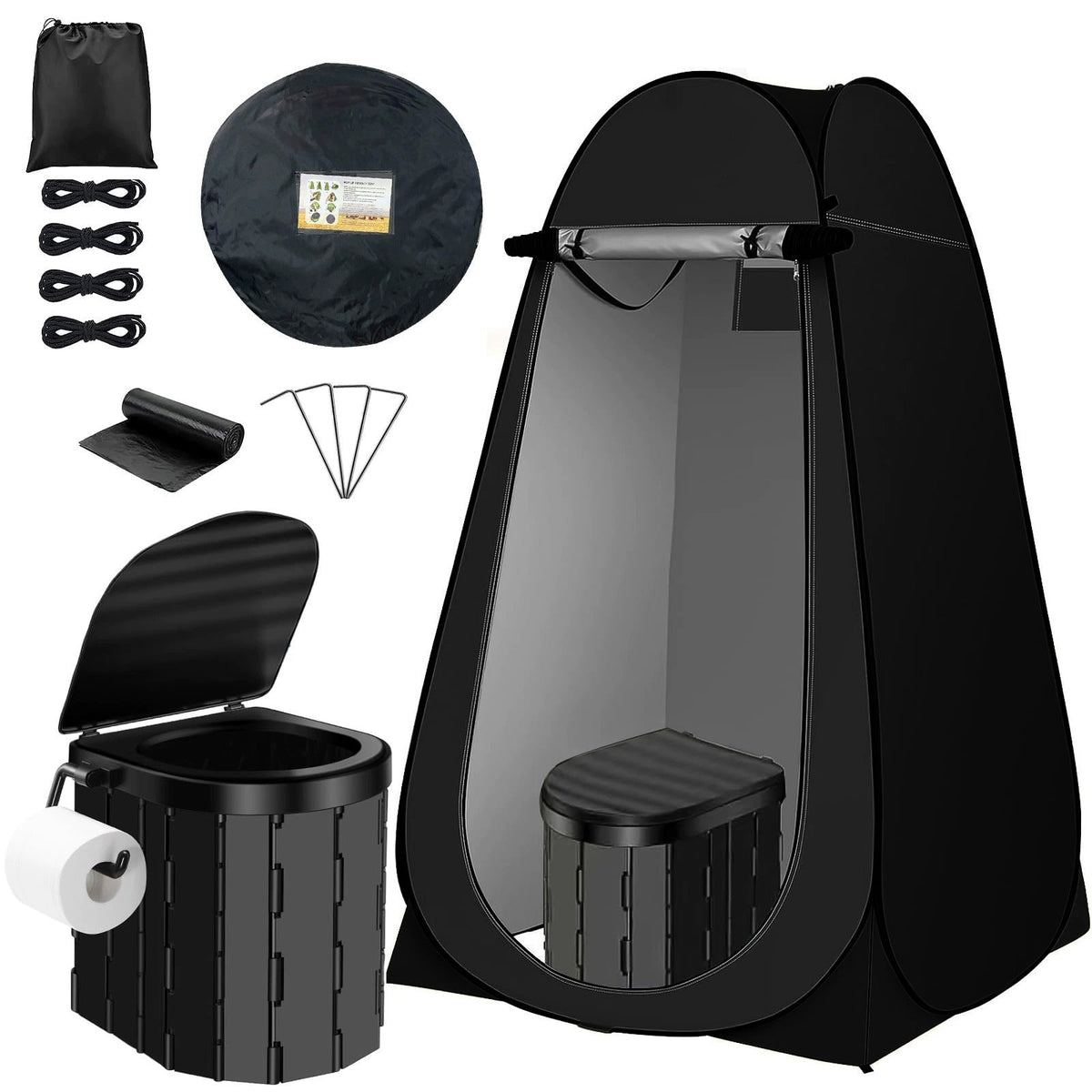 Toilettes de camping portables et tente d'intimité – Tente WC escamotable pour adultes avec 12 sacs, piquets de sol, cordes coupe-vent et tapis isolant, toilettes pliables pour le camping, les voyages et la randonnée