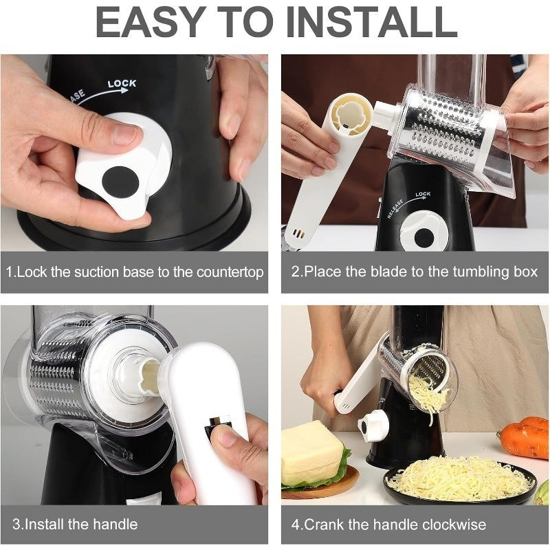 Râpe à fromage rotative manuelle avec 3 lames interchangeables - Base à ventouse antidérapante, brosse de nettoyage incluse, pour fromage frais, légumes et noix, cadeau d'ustensile de cuisine
