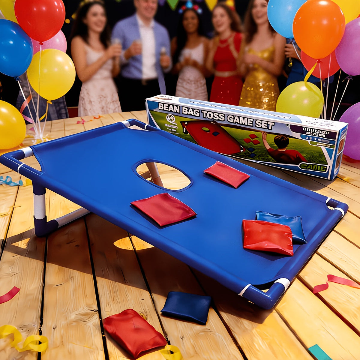 Jeu de cornhole avec 6 sacs de haricots, plateau bicolore et sac de transport pour jardin, fête en plein air, plage, camping, divertissement en intérieur – Coffret cadeau inclus Rouge Bleu