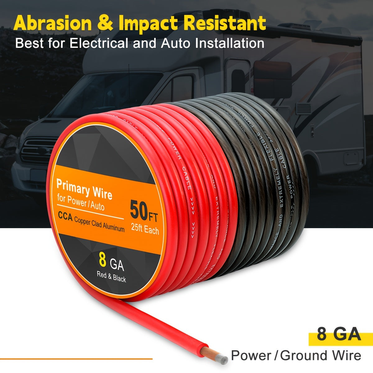 Kit de câbles d'alimentation et de masse CCA de calibre 8, 50 pi (25 pi rouge + 25 pi noir) pour autoradio, amplificateur, haut-parleur, marine, soudage et câblage électrique automobile