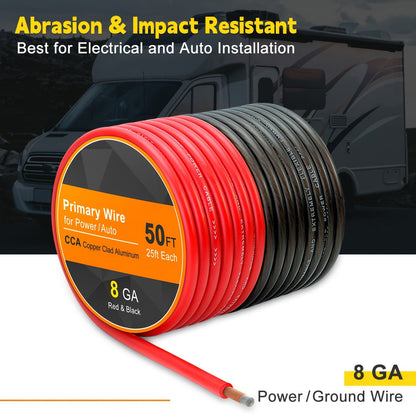 Kit de câbles d'alimentation et de masse CCA de calibre 8, 50 pi (25 pi rouge + 25 pi noir) pour autoradio, amplificateur, haut-parleur, marine, soudage et câblage électrique automobile