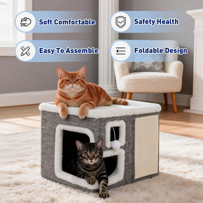 Maison pour chat 3-en-1 d'intérieur – Ottoman luxueux en bois pour dormir, jouer et faire ses griffes, cube refuge pour chats, adapté aux foyers multi-chats, gris clair, taille standard et grande