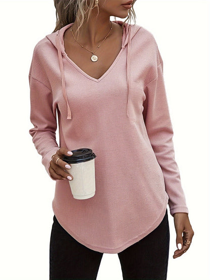 Sweat-shirt à capuche pour femme avec ourlet asymétrique, col en V et cordon de serrage - Pull décontracté à manches longues en maille pour l'automne et l'hiver