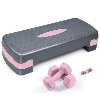 Ensemble de step aérobique réglable en hauteur avec 2 haltères et ruban à mesurer – Plateforme d'exercice antidérapante avec rehausseurs, capacité de 550 lb, équipement de gym à domicile pour cardio et perte de poids