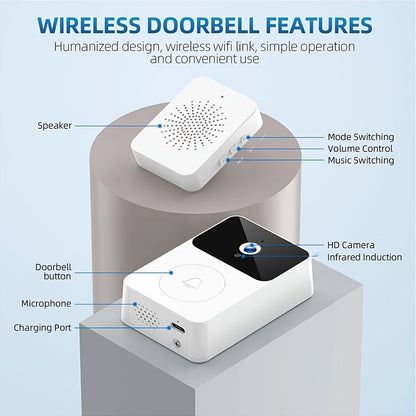 Sonnette vidéo sans fil avec caméra HD, vision nocturne, alertes de mouvement et audio bidirectionnel – Sonnette WiFi intelligente, visualisation mobile à distance, changeur de voix, batterie rechargeable, 2,4 GHz, sécurité domestique