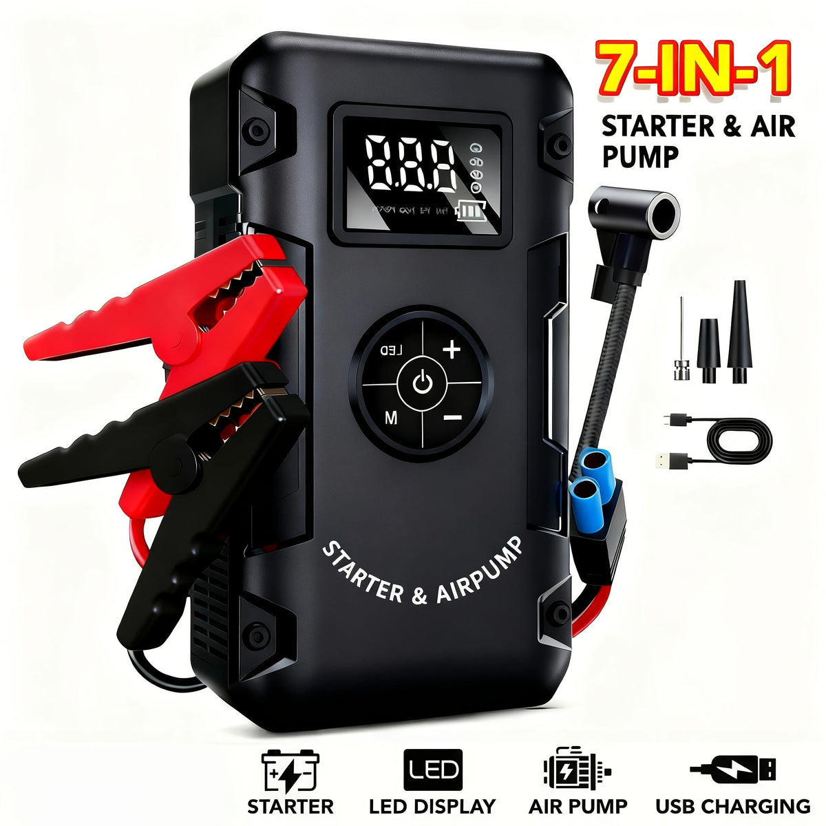Démarreur de batterie 10000A 7-en-1 avec compresseur d'air 150PSI – Booster de batterie portable pour moteurs essence et diesel, pompe haute pression, kit d'urgence pour véhicule, batterie externe