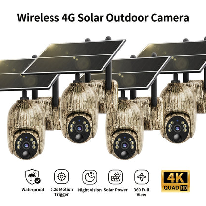 Caméra de surveillance solaire 4G LTE sans fil pour extérieur – Aucune connexion WiFi requise, vision nocturne 4K, vue en direct à 360°, audio bidirectionnel, caméra de chasse étanche pour la surveillance des fermes, ranchs et de la faune
