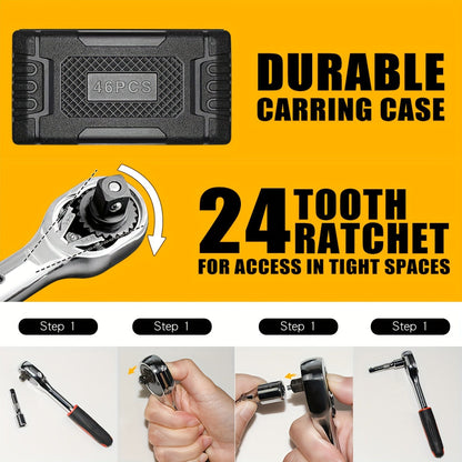 Ensemble d'outils de réparation pour maison et voiture 46 pièces – Jeu de clés à cliquet, tournevis et douilles pour réparations de voitures, motos, vélos et entretien domestique