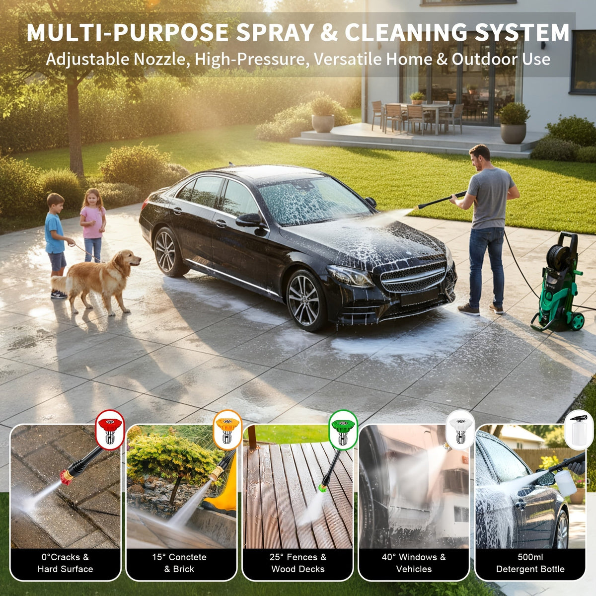 Nettoyeur haute pression électrique 4500 PSI 3,2 GPM – avec canon à mousse, 4 buses à connexion rapide, tuyau d'admission et filtre pour le nettoyage des voitures, clôtures, allées et de la maison