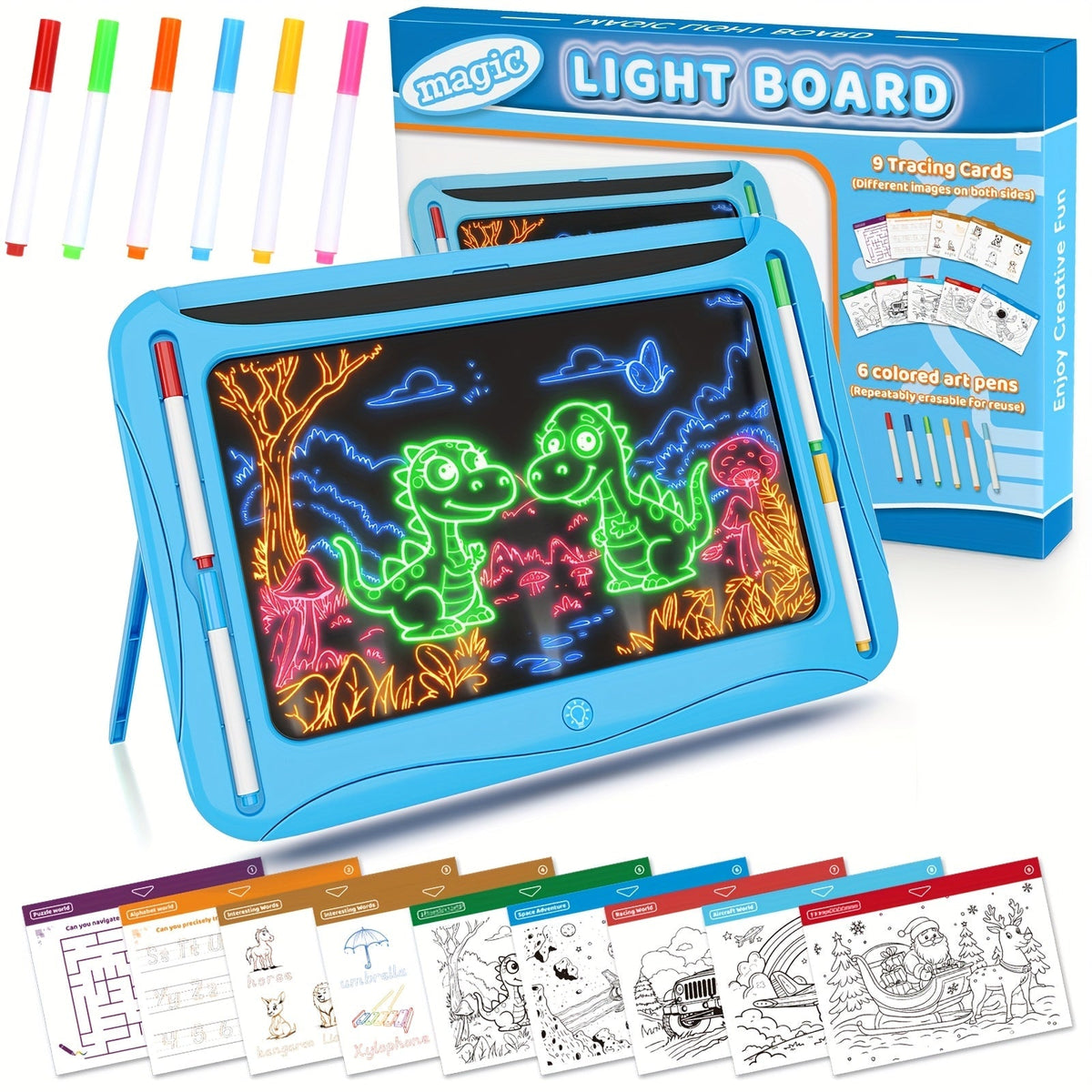 Tablette à dessin lumineuse LED pour enfants de 3 à 8 ans – Kit d’art phosphorescent avec 9 cartes recto-verso et 6 marqueurs, jouet éducatif de voyage, cadeau d'anniversaire et de Noël pour filles et garçons