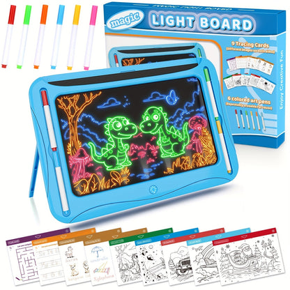 Tablette à dessin lumineuse LED pour enfants de 3 à 8 ans – Kit d’art phosphorescent avec 9 cartes recto-verso et 6 marqueurs, jouet éducatif de voyage, cadeau d'anniversaire et de Noël pour filles et garçons