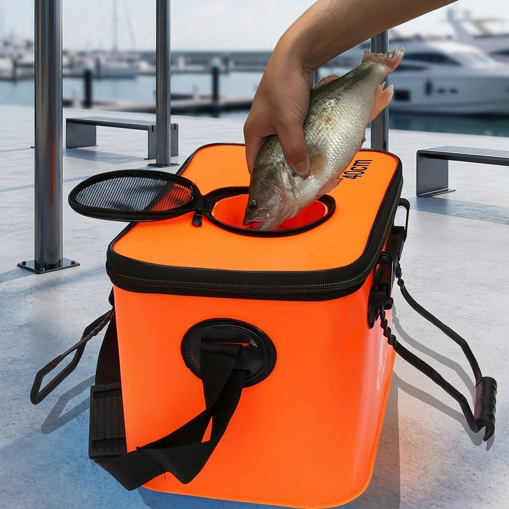 Seau de pêche pliable de 25 L – Conteneur à appâts vivants en EVA, sac de conservation de poissons multifonctionnel et portable pour la pêche à la carpe et en eau douce, cadeau pour homme (bleu/orange)