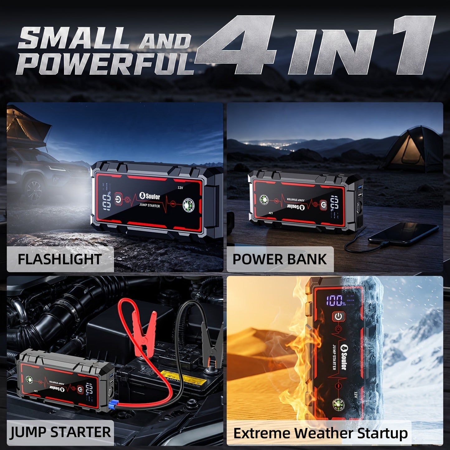 Portable Car Jump Starter 3000A-6000A – 12V Lithium Battery Booster Pack, Dual USB QC 3.0 Fast Charging Power Bank, LED Light & Compass, Fits All Gas Engines