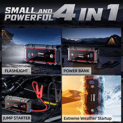 Portable Car Jump Starter 3000A-6000A – 12V Lithium Battery Booster Pack, Dual USB QC 3.0 Fast Charging Power Bank, LED Light & Compass, Fits All Gas Engines