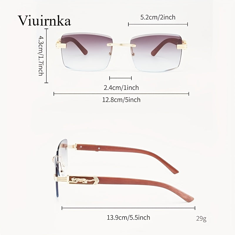 Lunettes de soleil rectangulaires vintage sans monture pour hommes et femmes – Lunettes tendance avec branches léopard et protection UV, 7 couleurs de verres, lunettes unisexes stylées pour l'extérieur, la conduite, les voyages, les fêtes et le quotidien