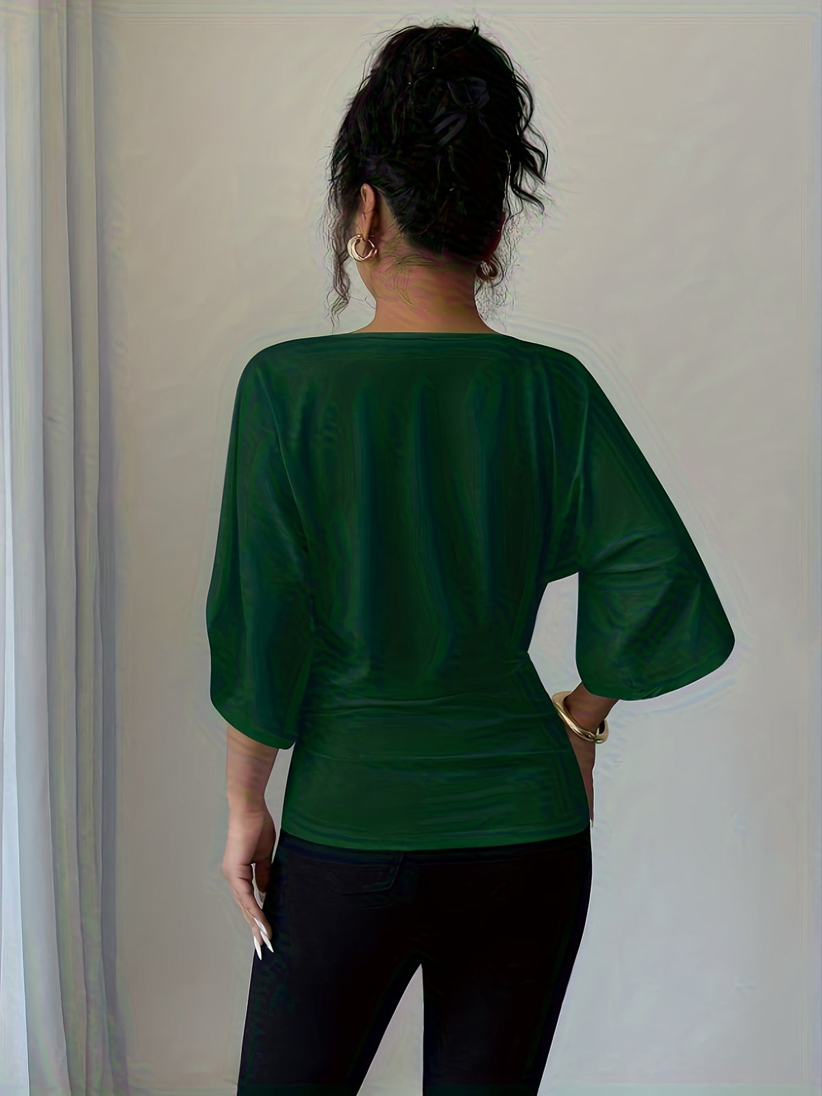 Haut en maille à col en V et manches chauve-souris pour femme - T-shirt chemisier décontracté à coupe ample, manches trois-quarts et taille haute pour le printemps, l'été et l'automne, pull mi-long polyvalent, blanc noir, tailles XS-XL