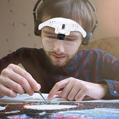 Loupe frontale avec éclairage LED, 5 lentilles interchangeables de 1,0X à 3,5X, casque grossissant à bandeau réglable pour la bijouterie, la réparation électronique, le modélisme, la lecture et les travaux de précision