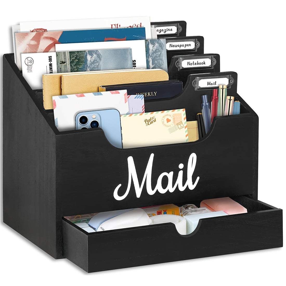 Grand organisateur de courrier de bureau en bois massif avec tiroir, 4 compartiments et séparateurs étiquetables pour dossiers, lettres et papier, organisateur de bureau pour bureau à domicile, étudiants et professionnels