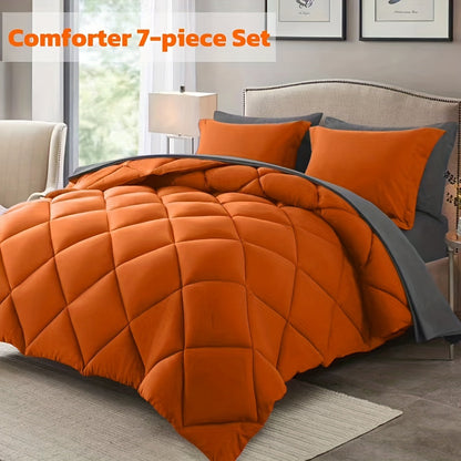 Ensemble de literie 7 pièces pour lit Queen/King – Parure de lit en microfibre douce à plis pincés, comprenant une couette, un drap-housse, un drap plat et 4 taies d'oreiller, ensemble de literie toutes saisons pour la maison et le dortoir