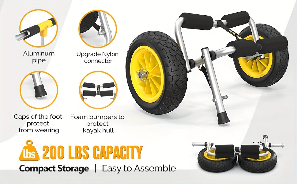 Chariot de transport pour kayak pliable Bonnlo en alliage d'aluminium moulé avec roues pleines de 10 po – Convient aux canoës, planches à pagaie, bateaux à fond plat, tapis flottants et embarcations