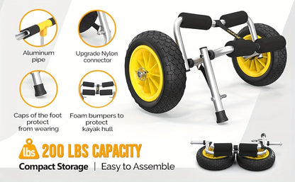 Chariot de transport pour kayak pliable Bonnlo en alliage d'aluminium moulé avec roues pleines de 10 po – Convient aux canoës, planches à pagaie, bateaux à fond plat, tapis flottants et embarcations