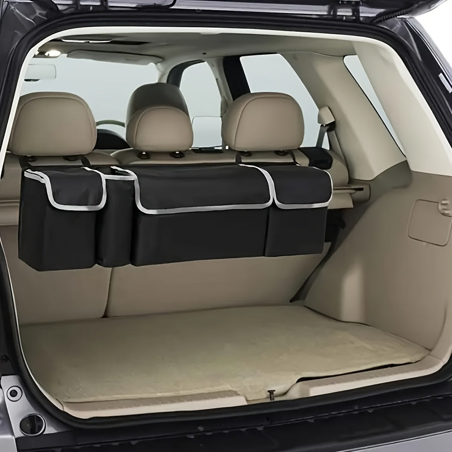 Organisateur de coffre de voiture à suspendre au siège arrière avec 4 poches, sac de rangement pliable pour SUV, camion, monospace et fourgon – Organisateur de rangement intérieur noir à poches multiples pour les voyages et l'usage quotidien