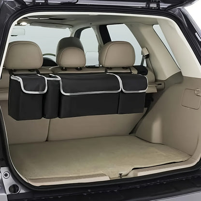 Organisateur de coffre de voiture à suspendre au siège arrière avec 4 poches, sac de rangement pliable pour SUV, camion, monospace et fourgon – Organisateur de rangement intérieur noir à poches multiples pour les voyages et l'usage quotidien
