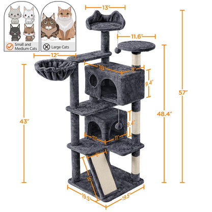 Arbre à chat multiniveaux de 145 cm avec 2 niches – poteaux à griffer en sisal, balle suspendue, plateforme ronde et échelle pour chatons et petits chats d'intérieur, 6 couleurs, cadeau de Noël pour les amoureux des chats