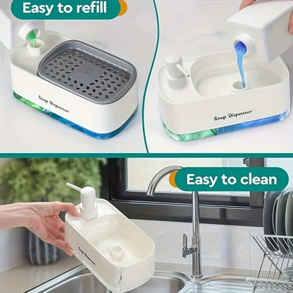 Distributeur de savon 2-en-1 avec porte-éponge intégré pour évier de cuisine – Distributeur à pompe pour comptoir pour savon à mains et vaisselle, distributeur de détergent, recharge facile, organisateur de cuisine idéal