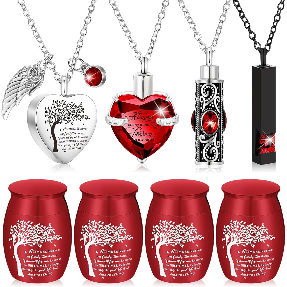Lot de 8 petites urnes funéraires pour cendres – Ensemble de souvenirs en alliage avec pendentif médaillon en forme de cœur « Arbre de vie » pour hommes et femmes, cadeau commémoratif pour inhumation et crémation, 8 couleurs