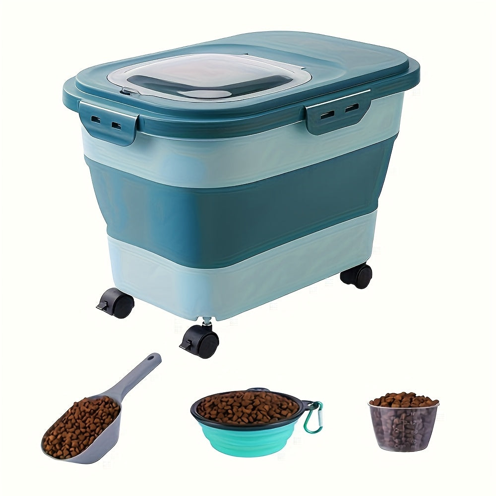 Grand contenant hermétique pour nourriture pour animaux avec roulettes – Bac scellé résistant à l'humidité et aux insectes avec tasse à mesurer et design pliable pour nourriture sèche pour chiens et chats, blanc cassé, vert, rose
