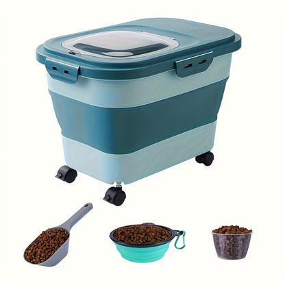 Grand contenant hermétique pour nourriture pour animaux avec roulettes – Bac scellé résistant à l'humidité et aux insectes avec tasse à mesurer et design pliable pour nourriture sèche pour chiens et chats, blanc cassé, vert, rose