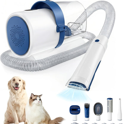 5-in-1 Pet Grooming Vacuum Kit with 99% Hair Suction – Professional Dog & Cat Clippers with 6 Guide Combs, Powerful Low-Noise Grooming Vacuum for Dogs Cats & All Pets, White Grey Blue