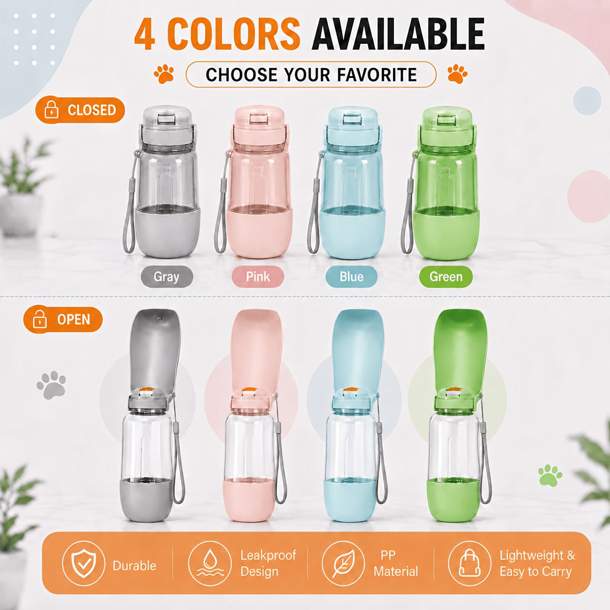 Gourde portable pour animaux avec dragonne, distributeur 2-en-1 d'eau et de nourriture anti-fuite pour chiens et chats - Gobelet de voyage compact pour promenades, randonnées et camping - Gourde légère pour chiens et chats