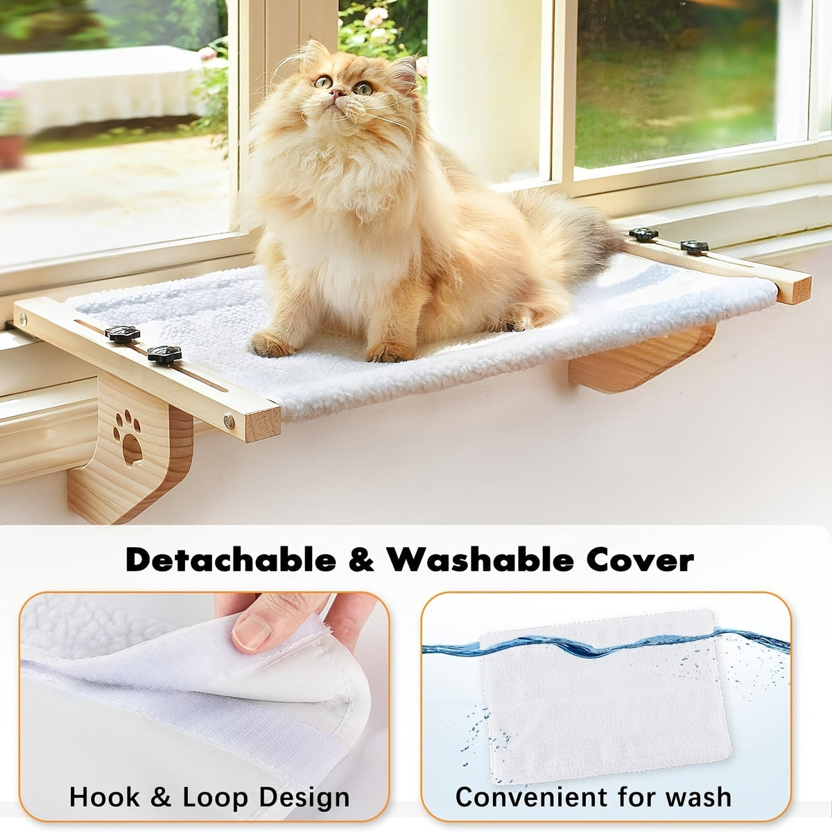 Perchoir et hamac de fenêtre pour chats d'intérieur – Cadre robuste en bois et métal, fixation facile et ajustable pour rebord de fenêtre, chevet, tiroir et placard, supporte les grands chats, lit étagère peu encombrant pour chat