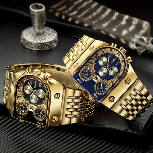 Montre à quartz Oulm pour homme, grand cadran multi-fuseaux horaires, bracelet en acier inoxydable, affichage double, noir et bleu, cadeau pour lui