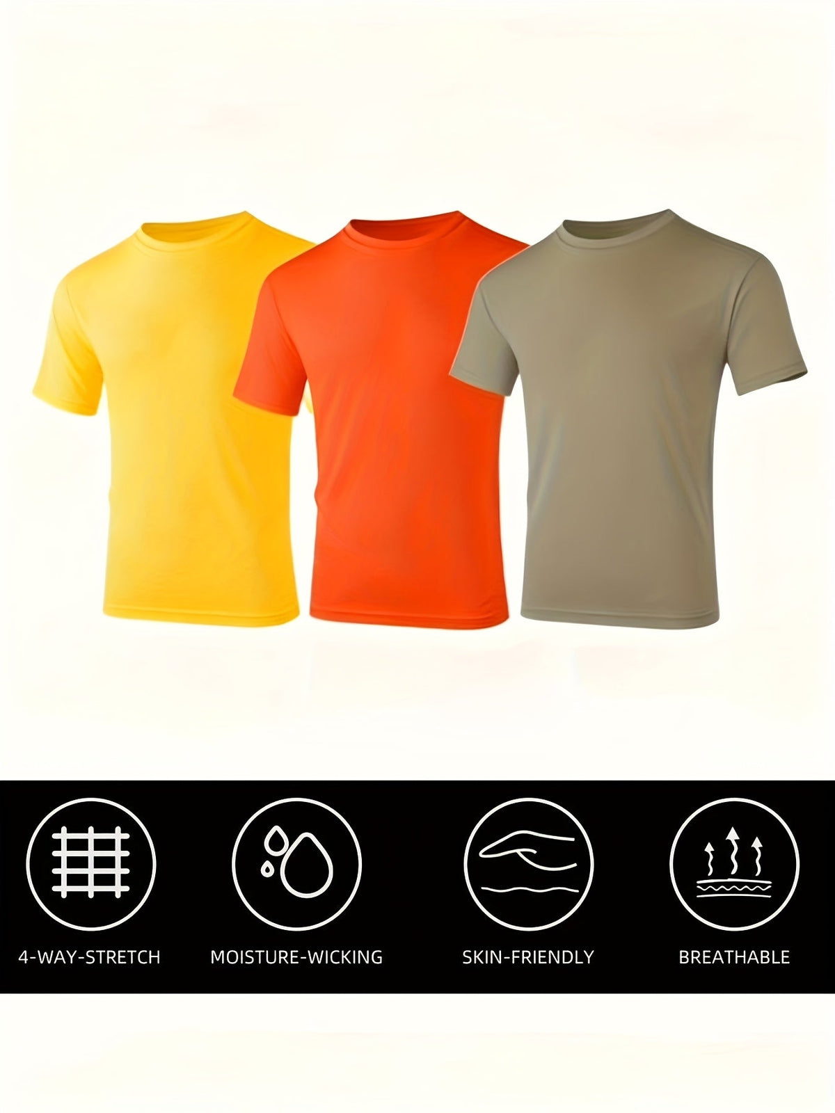 Lot de 3 t-shirts de sport pour homme, col rond, manches courtes, séchage rapide, protection UPF 50+, évacuation de l'humidité, kaki/orange/jaune, tailles S-3XL pour natation, plage, sports en plein air, pêche, randonnée