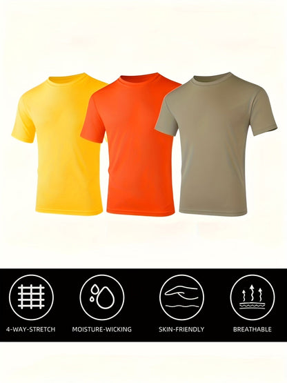 Lot de 3 t-shirts de sport pour homme, col rond, manches courtes, séchage rapide, protection UPF 50+, évacuation de l'humidité, kaki/orange/jaune, tailles S-3XL pour natation, plage, sports en plein air, pêche, randonnée